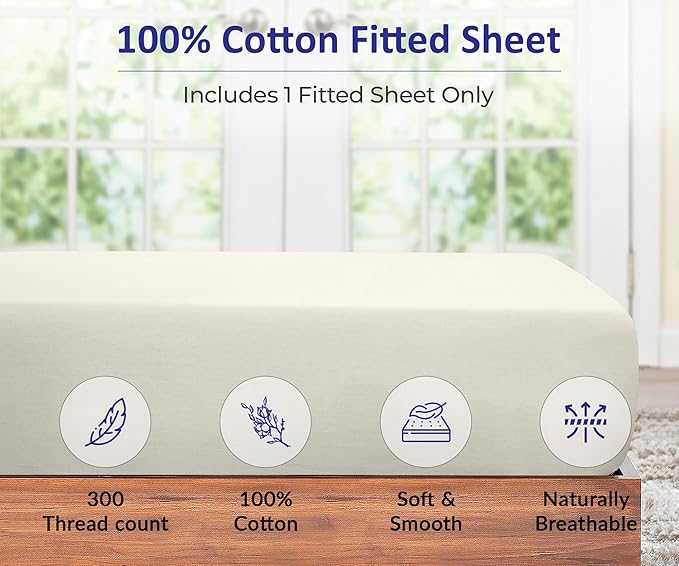 ROYALE LINENS 300 Thread Count 100% Long Staple Combed Cotton Fitted Sheet Full - Super Soft Deep Pocket Bottom Sheet - Fitted Sheets Only - Elastic Sheets (Full, Cream)