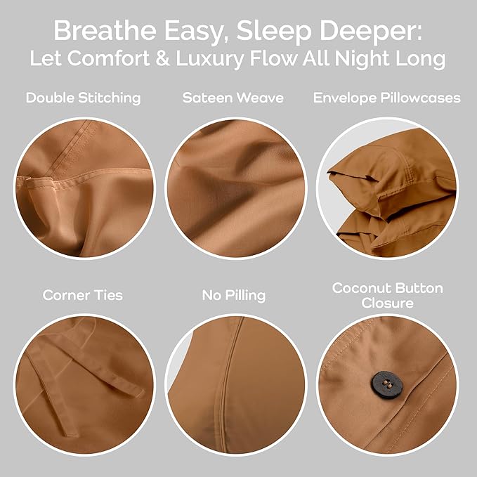 Duvet Cover Set - 100% Viscose Derived from Bamboo Duvet Cover Queen Size, 3 PC Luxury Cooling Duvet Cover for Hot Sleepers, Buttery Soft Comforter Cover & 2 PC Queen Pillowcases, Almond