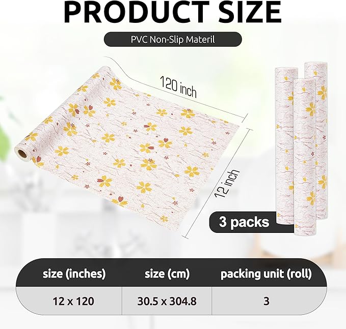 RAY STAR 12X120 Inch Shelf Liner for Kitchen Cabinets, Non-Adhesive Cabinet Liner Washable, PVC Drawer Liner for Dresser Non-Slip Bathroom (Yellow-Floral)(3 Roll)