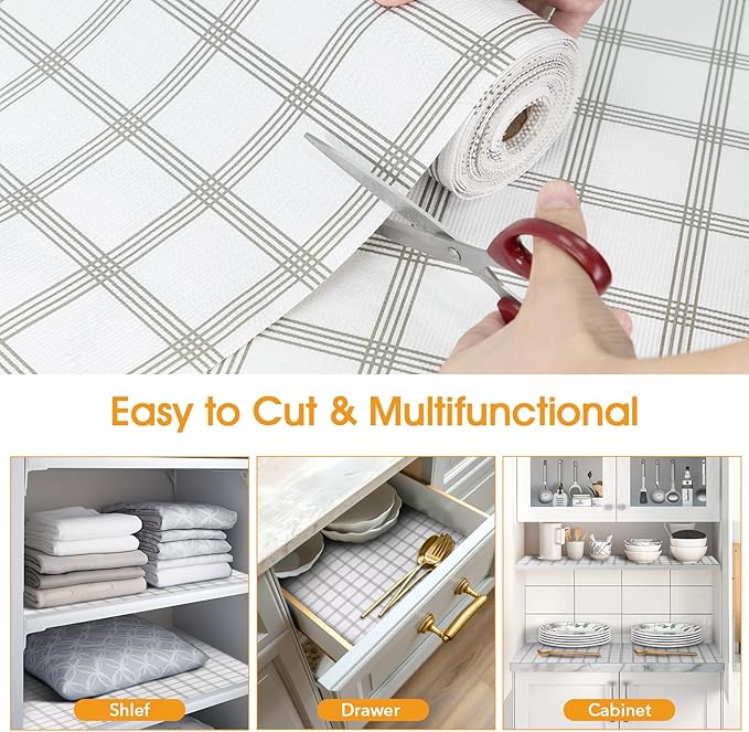 Shelf and Drawer Liner for Kitchen Cabinets Non-Adhesive, Strong Grip Non-Slip Thickened Cabinet Liners for Shelves, Waterproof Mats for Dresser Cupboard, White Square, 23 in x 20 Feet