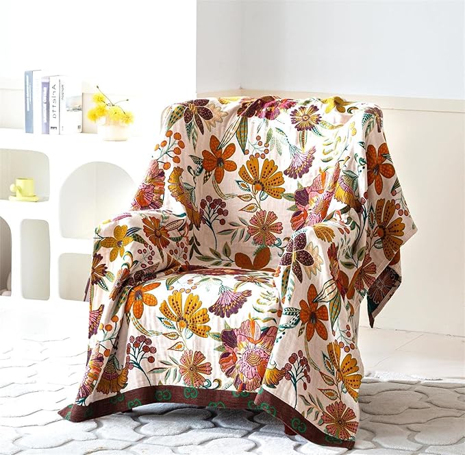 Fall Throw Blanket for Couch Bed Chair, 100% Cotton Muslin Breathable Woven Throws 60''x 80'' Boho Vintage Quilt for All Seasons Warm Lightweight Farmhouse Blankets Home Decoration