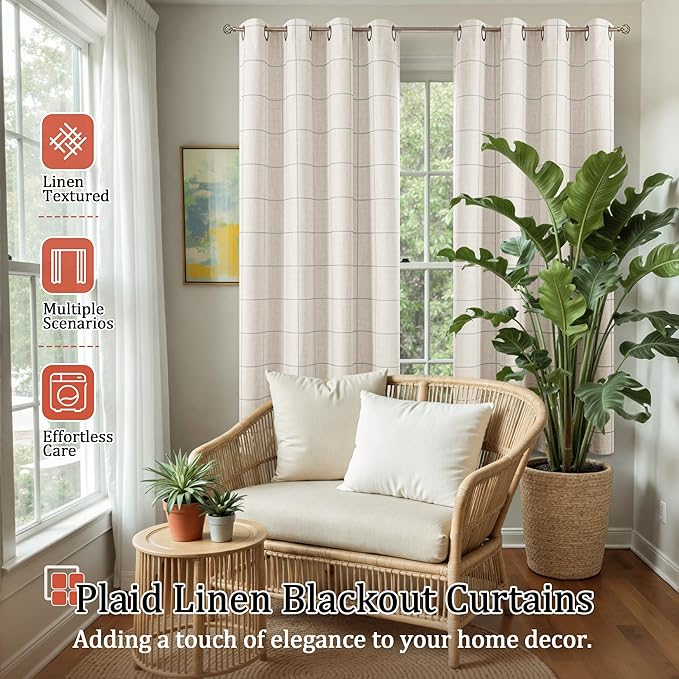 Grey Plaid Linen Blackout Curtains for Bedroom - Boho Style Curtains Thermal Insulated, Pattern Printed Rustic Drapes Window Treatments for Cottage Farmhouse, 52x63 Inch 2 Panels