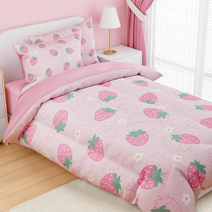 SANDJEST Strawberry Comforter Set Full Size 98x86in for Kids Girls, Microfiber 4 Pcs Bedding Set Includes 1 Comforter, 2 Pillowcases, 1 Fitted Sheet, Nursery Room Decor