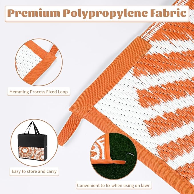 Ileading Outdoor Plastic Straw Rug 6x9ft Modern Geometric Style Reversible Patio Area Rugs Waterproof Non Shedding Portable Carpets for Rv Outside Deck Pool Beach Picnic Camping (Orange)