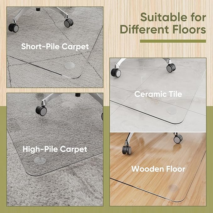 Office Chair Mat for Carpet & Hardwood, Upgraded 48" x 72" Tempered Glass Chair Mat for Office Home, with 4 Anti-Slip Pads