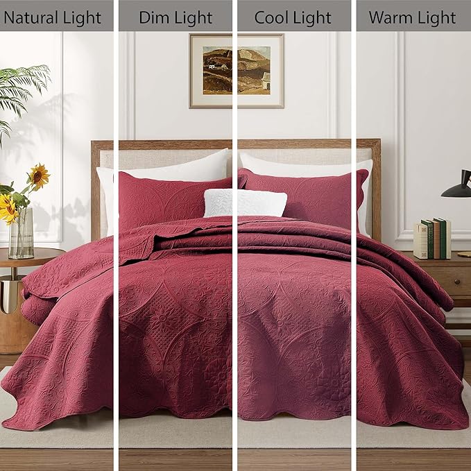 IR Imperial Rooms Twin Quilt Bedding Set Size (68” x 86”) + 1 Pillow Shams (20” x 26” + 2”) - 2 Pcs All Season Lightweight Reversible Microfiber Coverlet Floral Embossed Quilt Bedspread (Burgundy)