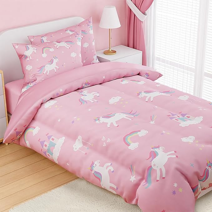 SANDJEST Unicorn Comforter Set Twin Size 68x86in for Kids Girls, Microfiber 3 Pcs Bedding Set Includes 1 Comforter, 1 Pillowcase, 1 Fitted Sheet, Nursery Room Decor
