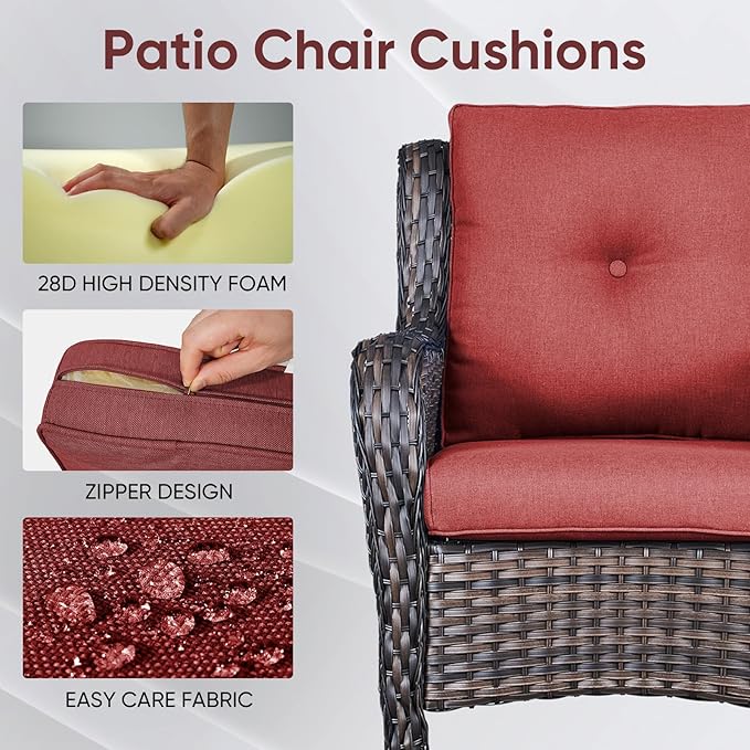 7-Piece Outdoor Patio Cushion Set - Fade & Water Resistant with Removable Olefin Cover, 22x24x4 Inch Memory Foam Cushions for Wicker Sectional Sof - Red/Buckle