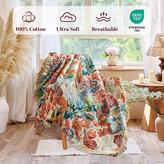 MSGKV Boho Throw Blanket for Bed Twin Size 100% Cotton Floral Blanket 60"x80" for Sofa Couch Muslin Breathable All Seasons Farmhouse Lightweight Blankets Home Decor