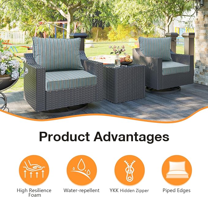 Sunbrella Outdoor Patio Chair Cushions Set, 24" x 24", Set of 2, Water-Repellent, Fade Resistant, Deep Seat Cushion for Backyard, Couch, Sofa and Patio Furniture, Swell Turquoise