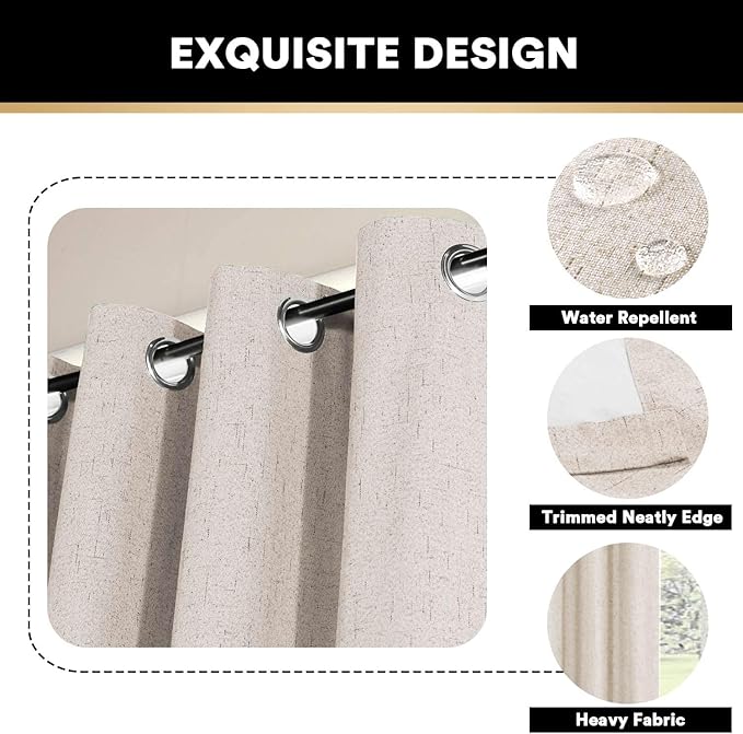 PrinceDeco Linen Blackout Curtains 100% Blackout Curtains 108 Inches Long Linen Look Patio Door Curtains Thermal Insulated Door Curtain for Living Room/Bedroom,W100 X L108 Inch, Natural