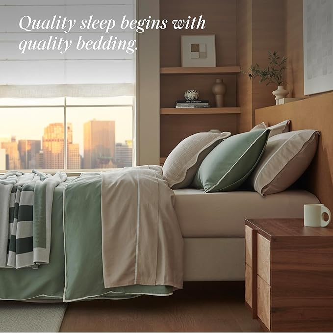 Double Stitch Cotton Tencel Duvet Cover - Queen Size Comforter Cover, Luxury & Soft Eucalyptus Lyocell Bedding Set for Hot Sleepers, Cooling & Breathable, Button Closure, Sage Green Contrast, 90"x90"