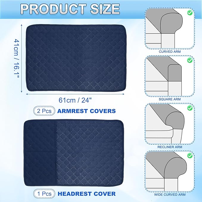 uxcell 3 PCS Armrest Covers, Couch Arm Cover Furniture Protect Slide Recliner Chair Armchair Covers with Side Storage Pocket for Sofa Recliner, Navy