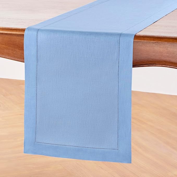 Solino Home Linen Cornflower Blue Table Runner 72 Inches Long - 100% Pure Linen Hemstitch Table Runner 14 x 72 Inch for Dresser, Dining, Christmas, Holiday, New Year - Classic Hemstitch
