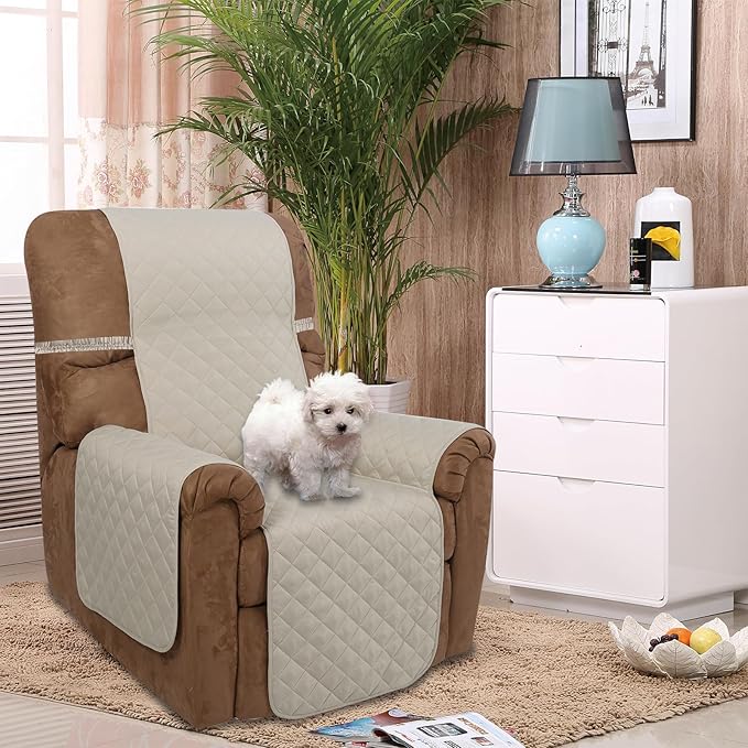 U-NICE HOME Recliner Chair Covers Reversible Chair Cover Pet Covers for Dogs with Elastic Straps Water Resistant Diamond Quilted (28''Recliner Oversized, Beige/Beige)