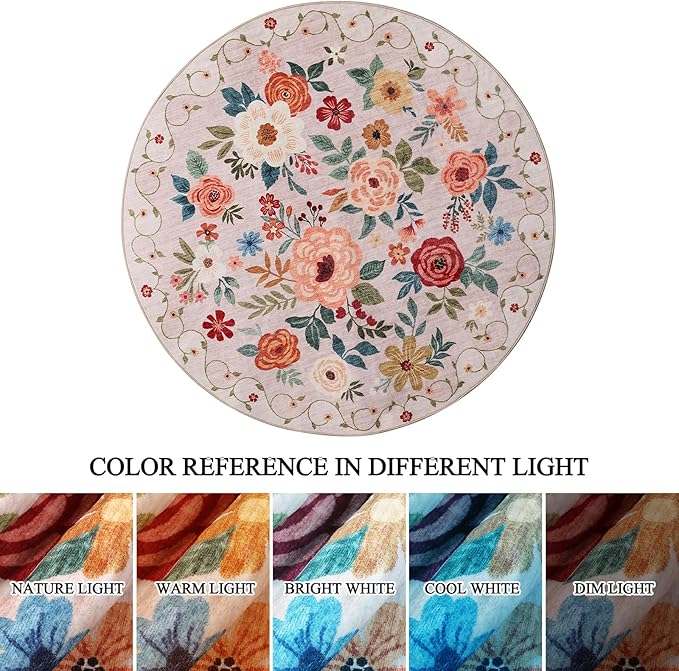 DUKINO Floral Round Rug, 4ft Washable Round Area Rug, Non Slip Indoor Low Pile Circle Rug, Soft Small Boho Design Circle Rug for Bedroom, Entryway, Living Room, Dining Room,Beige