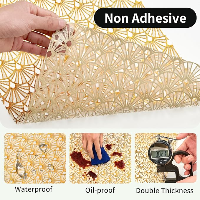 Drawer and Shelf Liner for Kitchen Cabinet: 17 in X 20 Ft Waterproof Shelf Paper Non Adhesive Refrigerator Liners Golden Ginkgo Leaf Easy Liners for Bathroom with Knife Tape Measure