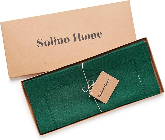 Solino Home Linen Rainforest Green Table Runner 144 Inches Long - 100% Pure Linen Extra Long Table Runner 14 x 144 Inch for Christmas, Winter, New Year - Classic Hemstitch