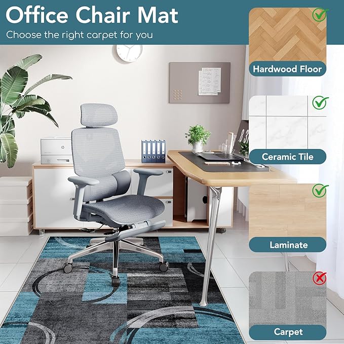 Office Chair Mat for Hardwood Floor&Tile Floor,48"X 60" Heavy Duty Desk Chair Mat for Hard Floors,Under Desk Rug for Rolling Computer Chair,Anti Slip,Low Pile Carpet Floor-Geo Blue Gray