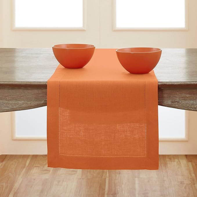 Solino Home Linen Pumpkin Table Runner 132 Inches Long - 100% Pure Linen Extra Long Table Runner 14 x 132 Inch - Classic Hemstitch - Holiday