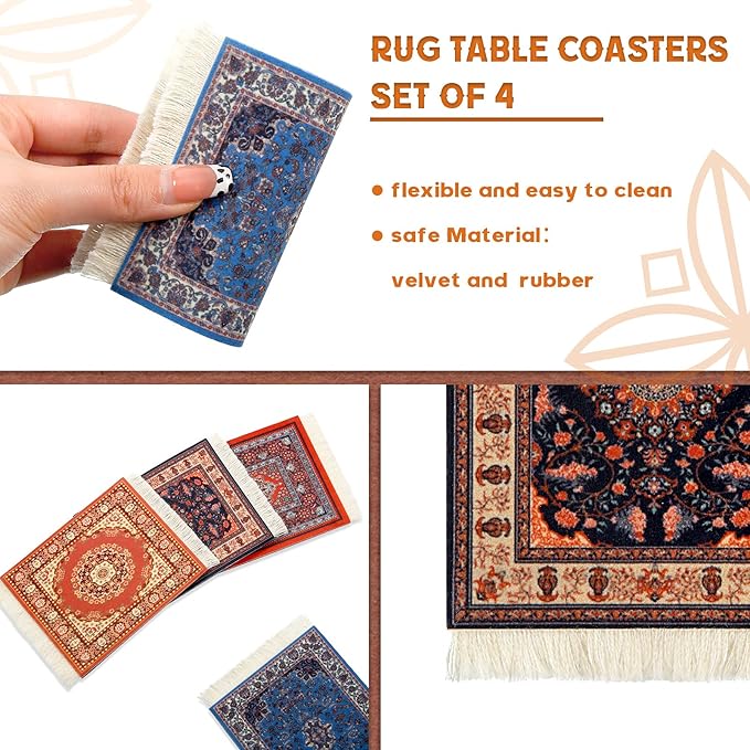 4 Pieces Rug Table Coasters Table Drink Holders Oriental Design Fabric Carpet Drink Mats Oriental Design Fabric Elegant Carpets Kitchen and Bar Mats for Home Office(Square,Retro Pattern)