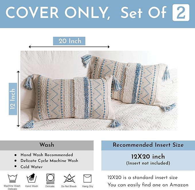 BlissBlush Blue Decorative Lumbar Throw Pillow Cover 12x20 Combo Set of 2 Rectangular Coastal Boho Accent Pillowcase Neutral Farmhouse Cushion for Couch Sofa Bedroom Living Home Décor Cover ONLY