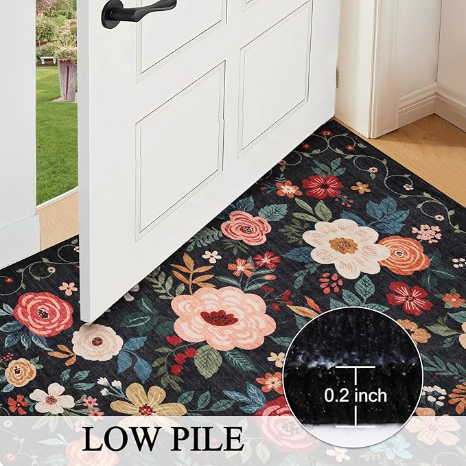 DUKINO Runner Rug, 2x10 Kitchen Runner Rug for Hallway with Non Slip Backing, Washable Low Pile Soft Boho Floral Carpet for Kitchen, Entryway, Hallway, Laundry, Bedroom, Black