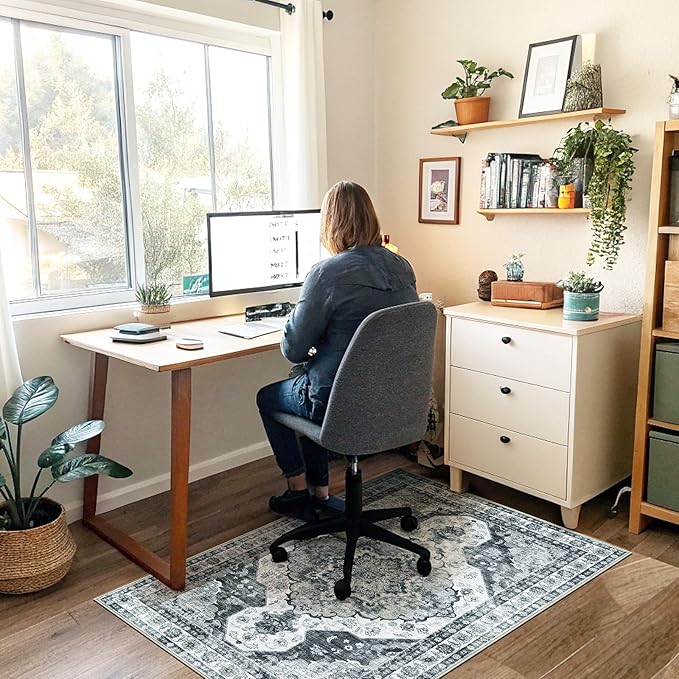 Office Chair Mat for Hardwood Floor&Tile Floor,36"X 48" Heavy Duty Desk Chair Mat for Hard Floors,Under Desk Rug for Rolling Computer Chair,Anti Slip,Low Pile Carpet Floor-Grey Flower