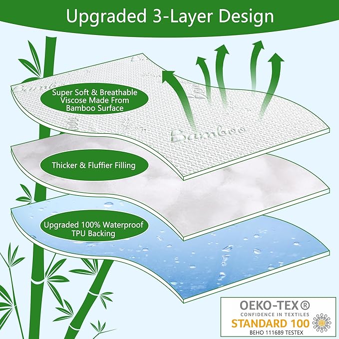 GOONIK 2 Pack Twin Size Mattress Protector, Breathable Bamboo Viscose Waterproof Twin Mattress Pad Cover with 6-16 inches Deep Pocket