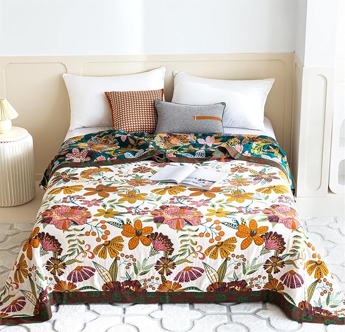 Fall Throw Blanket for Couch Bed Chair, 100% Cotton Muslin Breathable Woven Throws 60''x 80'' Boho Vintage Quilt for All Seasons Warm Lightweight Farmhouse Blankets Home Decoration