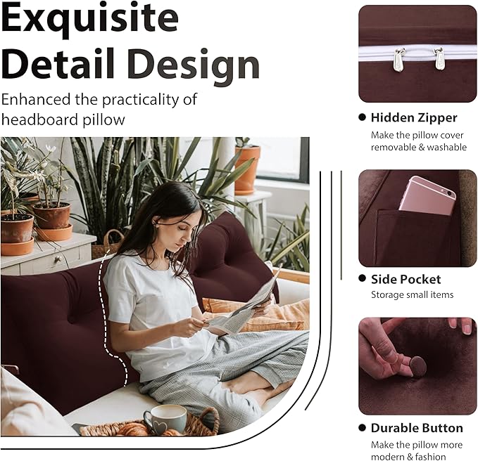 Bed Wedge Headboard Pillow - College Dorm Reading Pillow Back Support While Sitting in Bed - Ergonomic Lumbar Pillow Body Positioning Bed Pillow - Velvet Maroon 54IN