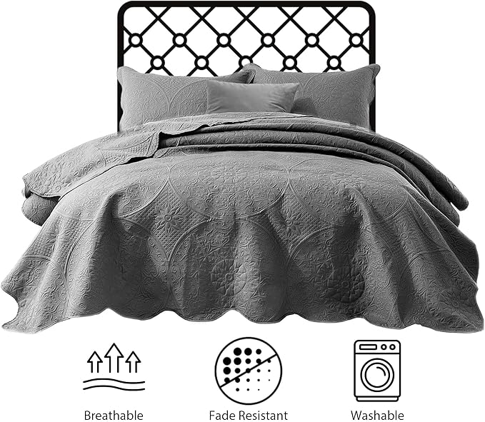 IR Imperial Rooms King Quilt Bedding Set Size (106" x 96") + 2 Pillow Shams (20" x 36"+ 2") - 3 Pcs All Season Lightweight Reversible Microfiber Coverlet Floral Embossed Quilt Bedspread (Grey)