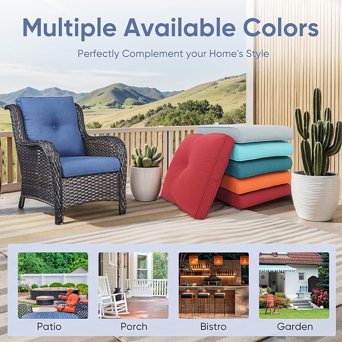 Outdoor Wicker Chair Cushions 2 Packs - Outside High Back Thick Water-Resistant Cushion 22x24 with Zipper Cover for Patio Glider Rocking Chairs Loveseat Couch – Blue/Buckle