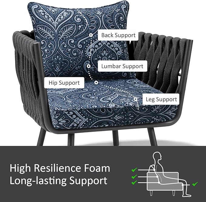 Outdoor Patio Chair Cushions Set, 22" x 22", Set of 2, Water-Repellent, Fade Resistant, Deep Seat Bottom and Back Cushion for Backyard, Couch, Sofa and Patio Furniture, Damask Blue Flower