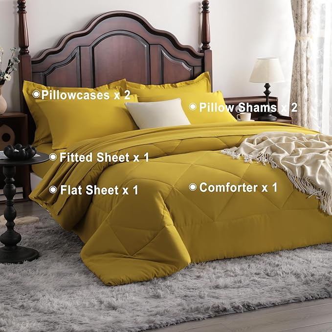 NTBAY King Comforter Set with Sheets, 7 Pieces Soft and Breathable King Bedding Set, Bed in a Bag, Down Alternative Comforter Set Solid Color All Season, King Bedding Set, Yellow