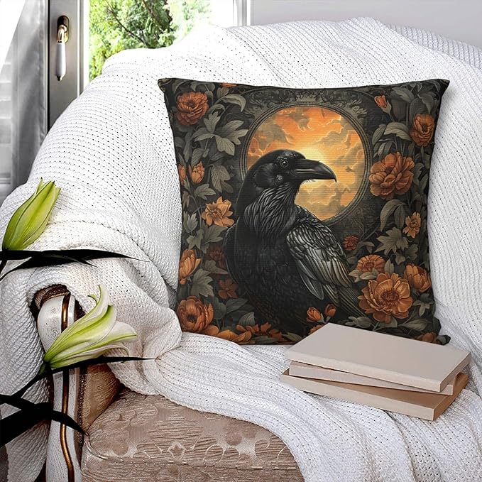 Mystical Raven Art Print Decor, William Morris Abstract Vintage Floral Design 20x20 inches Throw Pillow Covers Square Pillowcases Decor for Bed Couch Sofa Room Cushion Covers