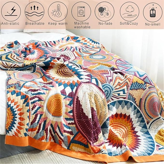 MSGKV Boho Throw Blanket for Bed 60"x80" 100% Cotton Couch Twin Size Blanket Breathable Lightweigh Blankets Home Decor Muslin All Seasons