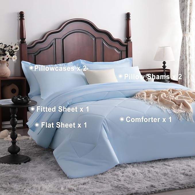 NTBAY King Comforter Set with Sheets, 7 Pieces Soft and Breathable King Bedding Set, Bed in a Bag, Down Alternative Comforter Set Solid Color All Season, King Bedding Set, Aqua