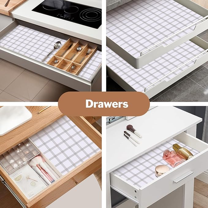 Drawer and Shelf Liner for Kitchen Cabinet: 23.6 in X 20 Ft Non Slip Waterproof Shelf Paper Non Adhesive Refrigerator Liners White Square Easy Liners for Bathroom Cupboard with Knife Tape Measure