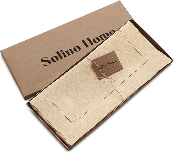 Solino Home Linen Beige Table Runner 120 Inches Long - 100% Pure Linen 14 x 120 Inch Table Runner for Christmas, New Year - Classic Hemstitch