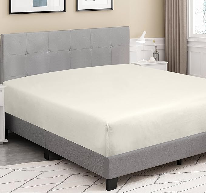 ROYALE LINENS 300 Thread Count 100% Long Staple Combed Cotton Fitted Sheet Queen - Super Soft Deep Pocket Bottom Sheet - Fitted Sheets Only - Elastic Sheets (Queen, Cream)