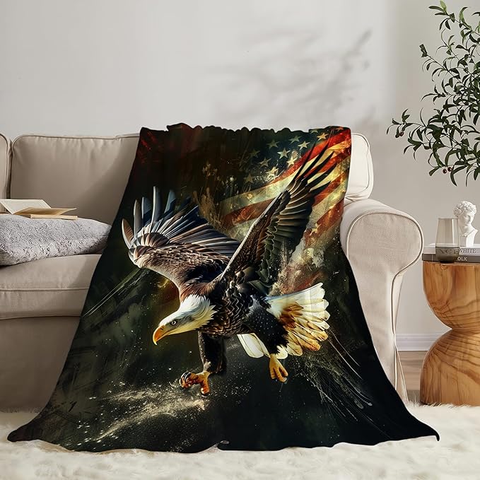American Eagle Bald Eagle Throw Blanket and Decor With American Flag Design for All Ages - Soft Warm Cozy Fleece for Couch, Sofa, Bed 50"x40"