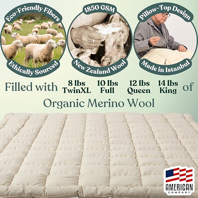 Organic Merino Wool Mattress Topper - Luxury Pillow Top Mattress Pad, Handmade, Non-Toxic, Cooling & Hypoallergenic, Natural Back Pain Relief, Sustainable Bedding (King)