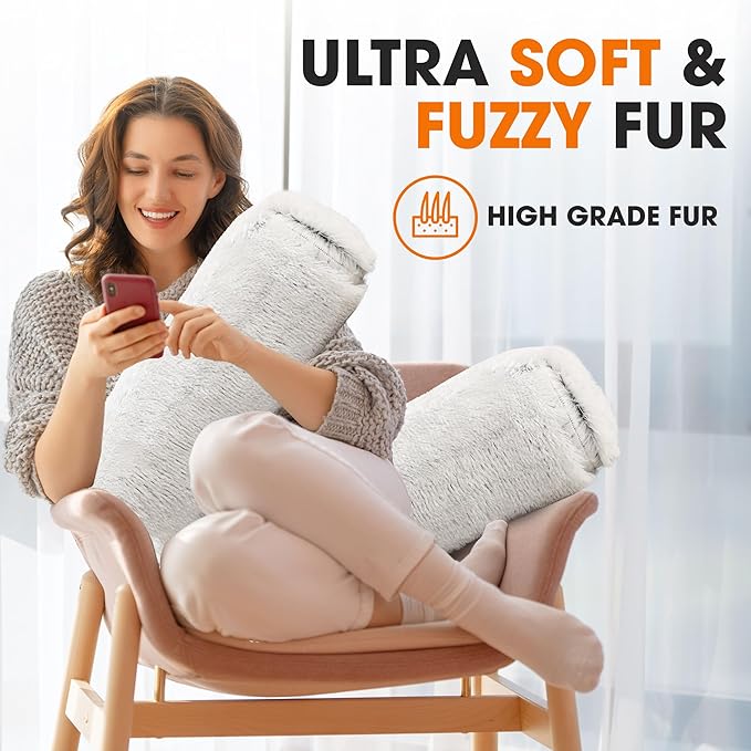 Cheer Collection Bolster Pillow. Set of 2 Shaggy Bolster Pillows, Decorative Cylinder Pillows for Bed & Couch, Round Neck Roll Pillow, Plush Tube Pillow for Lumbar, Head, Spine Support, Blue