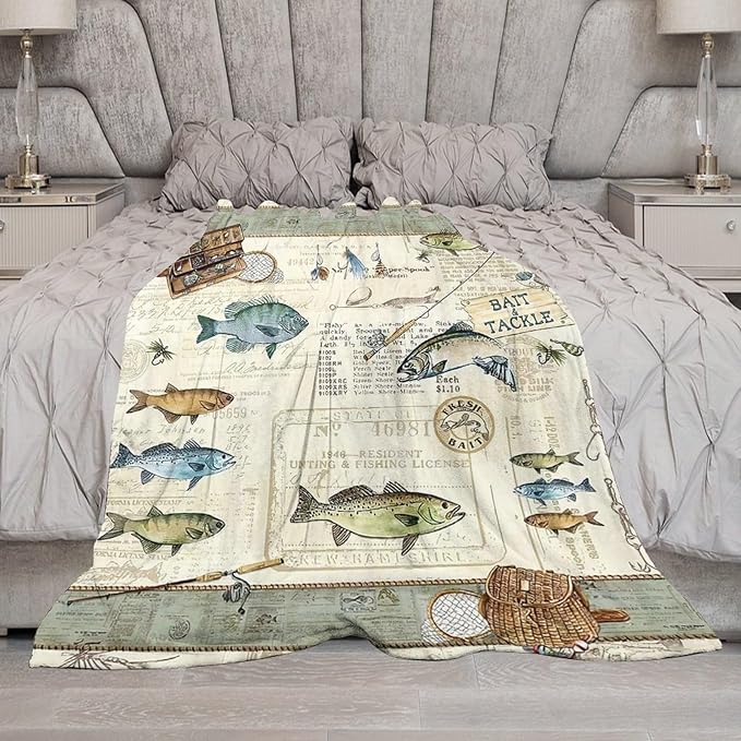 Fishing Blanket Fishing Gifts for Men Fish Throw Blanket Fishing Blanket for Kids Adults Soft Warm Cozy Fleece Blanket for Couch Sofa Bed 50"x60"