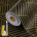 Shelf Liners for Kitchen Cabinets 12in x 20FT, Non Adhesive Cabinet Liner Strong Non-Slip Black Gold Geometric Drawer Liner, Easy to Clean for Shelf, Cabinet with Knife and Tape Measure