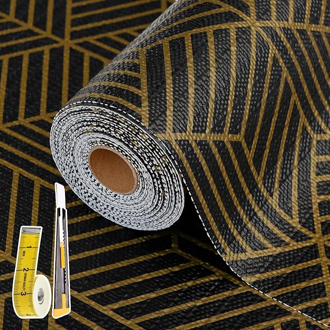 Shelf Liners for Kitchen Cabinets 12in x 30FT, Non Adhesive Cabinet Liner Strong Non-Slip Black Gold Geometric Drawer Liner, Easy to Clean for Shelf, Cabinet with Knife and Tape Measure
