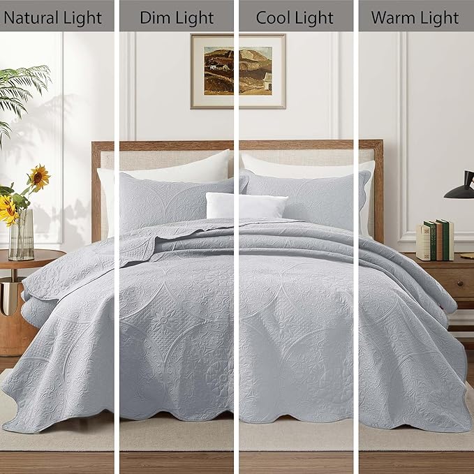 IR Imperial Rooms King Quilt Bedding Set Size (106" x 96") + 2 Pillow Shams (20" x 36"+ 2") - 3 Pcs All Season Lightweight Reversible Microfiber Coverlet Floral Embossed Quilt Bedspread (Silver)