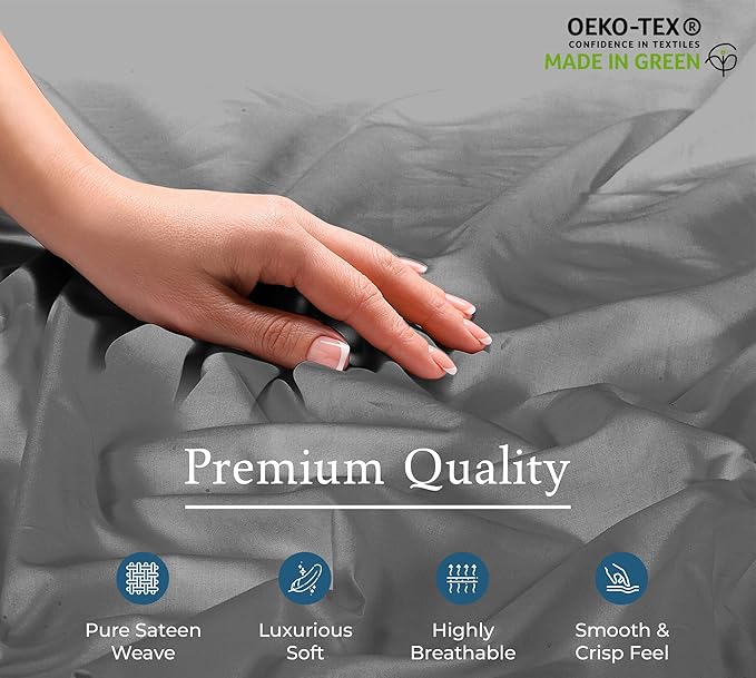 Royale Linens 400 Thread Count 100% American Grown Cotton Fitted Sheet Twin Size - All Around Elastic Fitted Sheet - Luxury Sateen Weave - Snug Fit Bottom Sheets Fit Up to 16" (Twin,Spanish Slate)