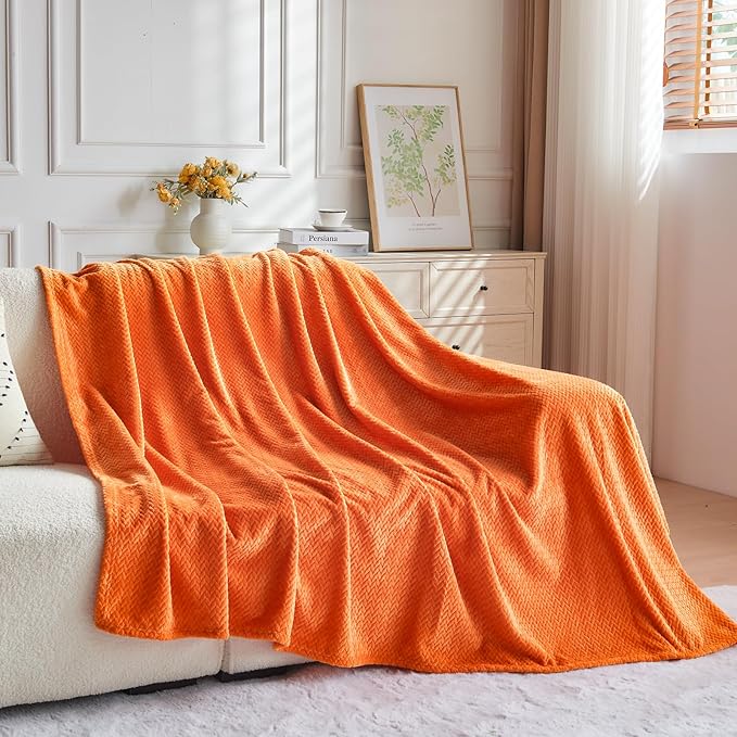 NEWCOSPLAY Super Soft Throw Blanket Orange Premium Silky Flannel Fleece Leaves Pattern Lightweight Bed Blanket All Season Use (Orange, Throw(50"x60"))